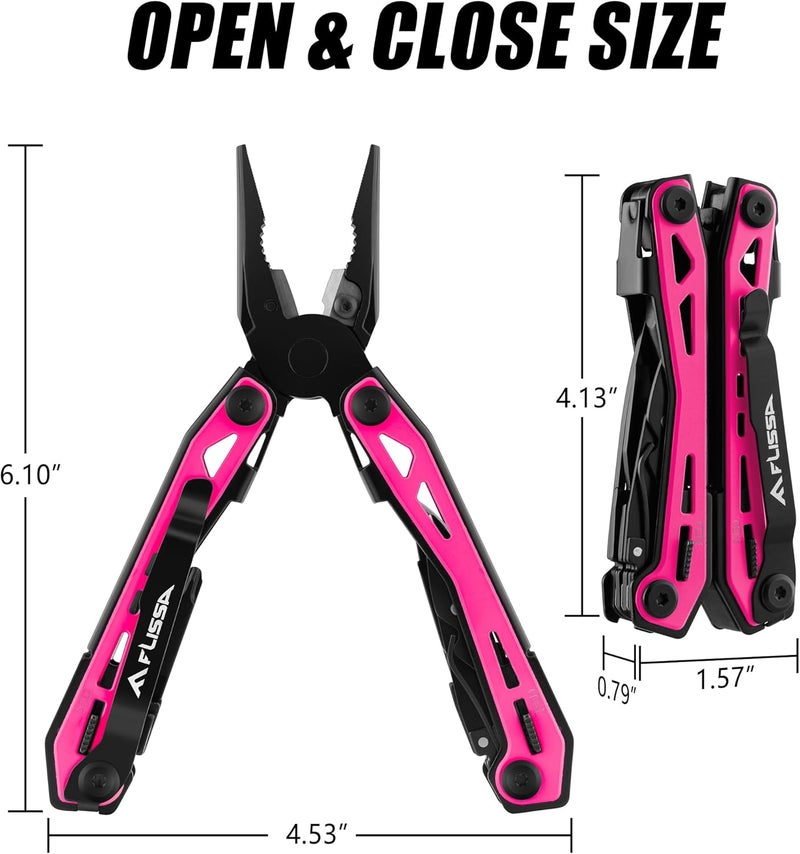 FLISSA 16-in-1 Pink Multi Tool Pliers, Gifts for Men, Stainless Steel EDC Multitool with Pocket Knife, Belt Clip and Oxford Pouch, for Camping Survival Outdoor Activities - Image 2